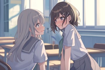 Sticker - Two Anime Girls in School Uniform . Anime style