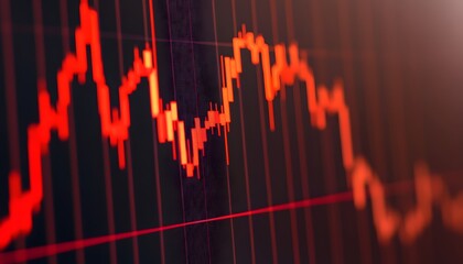 Poster - Abstract stock market graph with fluctuating red lines on a dark background depicting economic trends and data analysis for financial presentations or articles
