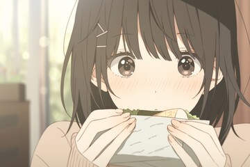 Sticker - Anime Girl Enjoying a Meal . Anime style