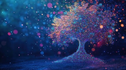 Wall Mural - Digital Tree of Knowledge: A mesmerizing digital art piece depicting a tree formed from data and light, symbolizing knowledge, growth and technology.