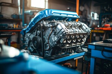 High performance engine on workbench in automotive workshop during day