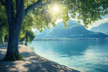 Aufkleber - Serene lakeside view with tranquil waters and lush trees at sunrise near mountains. Generative AI