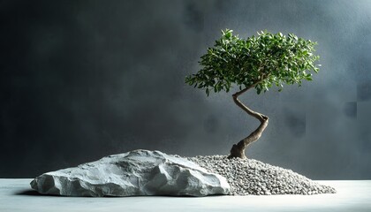 Poster - Serene Minimalist Composition Featuring a Lone Tree on a Pebble-Strewn Rock with a Dark Gray Background, Emphasizing Nature's Tranquility and Simplicity in Modern Design