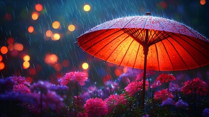 Wall Mural - Illuminated red umbrella in rain over pink flowers at night.