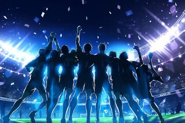 Triumphant Soccer Team Celebrates Victory . Anime style