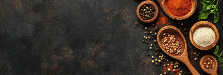 Wall Mural - Display of colorful spices in wooden bowls on a dark stone background with ample space for text. Generative AI