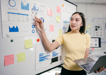Poster - Businesswoman is pointing at charts and graphs on a whiteboard while holding a laptop in her other hand. She is leading a presentation about business in an office