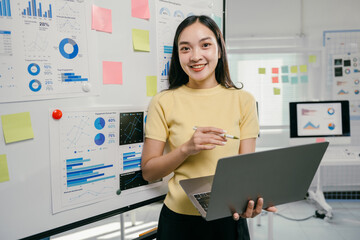 Poster - Confident businesswoman presenting financial graphs on a whiteboard during a meeting, showcasing strategic planning skills