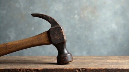 A well-worn claw hammer rests on a rustic wooden surface against a muted grey backdrop