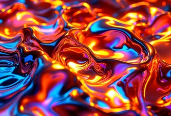Poster - Vibrant liquid metal surface with swirling blue, red and orange colors. Abstract fluid art texture. Iridescent metallic waves pattern for creative background design with space
