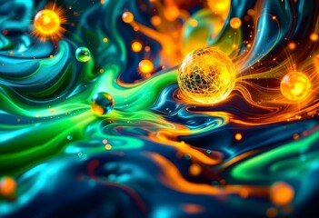 Poster - Vibrant cosmic swirls with glowing orange spheres on dark background. Abstract fluid art with blue and green energy waves. Magical space pattern for wallpaper design with copy space