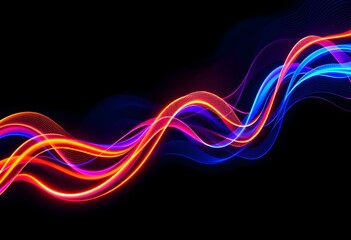 Poster - Glowing neon waves with red and blue light trails on black background. Abstract dynamic lines with motion effect. Modern design element for technology or music visuals with space