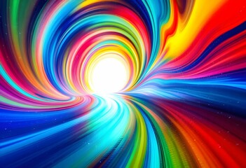 Poster - Colorful spiral vortex with bright light center. Rainbow swirl tunnel effect. Abstract multicolored background with dynamic motion blur for creative design and digital art with copy space