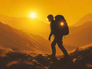 Aufkleber - Adventurous Hiker with Backpack Trekking Through Majestic Mountains at Sunset with Vibrant Orange Sky and Silhouetted Landscape in Background