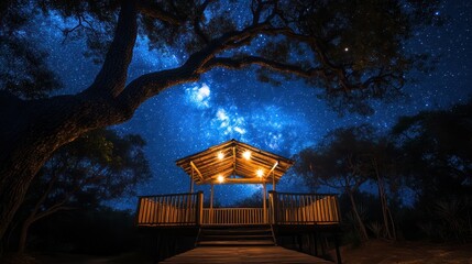 Starry Night Haven: Illuminated Gazebo Underneath a Celestial Canvas