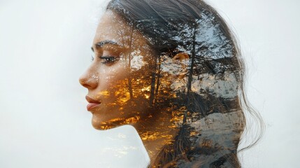 Poster - Surreal layered emotions portrait nature background digital art ethereal environment side view human emotion exploration