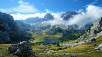 Aufkleber - Breathtaking mountain landscape with clear lake under bright blue sky and floating clouds during daytime. Generative AI