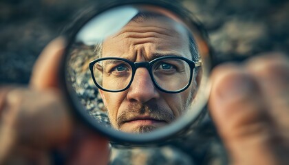 Aufkleber - Close-Up Portrait of a Pensive Man Using a Magnifying Glass to Examine Nature, Exploring Details, Curiosity, and Reflection in an Outdoor Environment