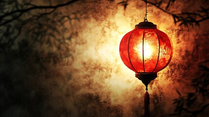 Canvas Print - Glowing red Chinese lantern hanging amidst dark bamboo branches.