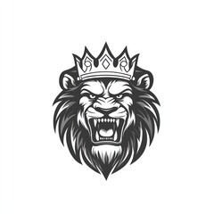  Lion head with crown, roaring, on white background for wildlife print or logo design