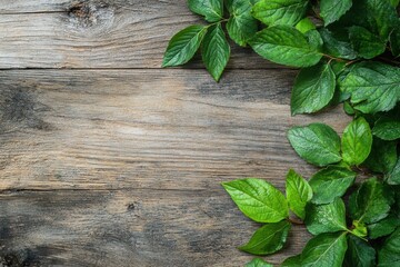 Fototapete - Green leaves frame a rustic wooden background perfect for text and design mockups in natural settings. Generative AI
