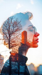 Poster - Emotional reflection of a young adult urban environment artistic portrait sunset background profile view human emotion layering