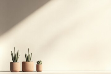 Wall Mural - Three Succulents in Terracotta Pots Against a White Wall