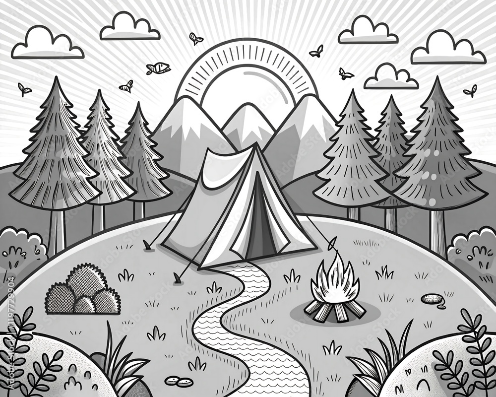 Nature mountain landscape kids coloring page with trees river sun