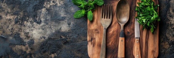 Aufkleber - Wooden utensils and fresh herbs on a rustic cutting board ready for culinary creativity in the kitchen. Generative AI