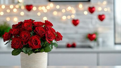 Wall Mural - A stunning arrangement of red roses sits in a light-colored vase on a counter. The background features heart decorations and soft lighting, creating a romantic atmosphere perfect for celebrations