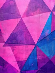 Wall Mural - A striking abstract painting with a vibrant mix of pink, blue and purple. This canvas print features an eye-catching geometric design of triangles in various sizes.