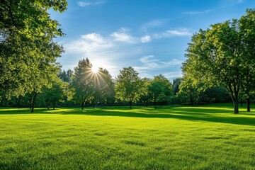 Aufkleber - Bright sunny day in a lush green park with spacious areas for relaxation and activities. Generative AI
