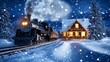 © AI Photo Stock - Winter Steam Train and Festive Cabin - Snowy winter scene, steam train arriving at a festively lit cabin, symbolizing travel, warmth, holidays, winter romance, and nostalgia.