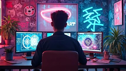 Man sitting at desk with three computer screens in neon lit room