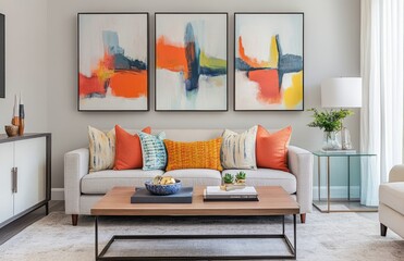 A living room with an empty wall, showcasing three large abstract paintings in different sizes and colors, a grey sofa adorned with colorful cushions