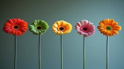 Wall Mural - Colorful gerbera daisies, studio shot, green wall, floral arrangement.