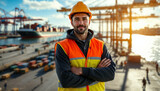 Confident seaport worker in a busy harbor, ideal for industrial and safety promotions.