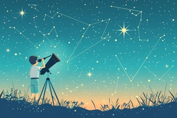 a child observes the night sky through a telescope, exploring constellations and stars.