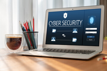 Poster - cyber security system on computer screen protect private information snugly from hacker and cyber at
