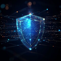 Poster - a shield icon symbolizes crucial elements of cyber security and data protection in a secure global n