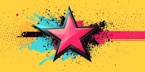 Poster - Vibrant pink star on a colorful abstract background with splashes and stripes