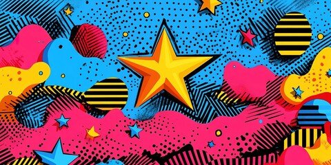 Poster - Colorful abstract design featuring star shapes against a vibrant background with various patterns and colors