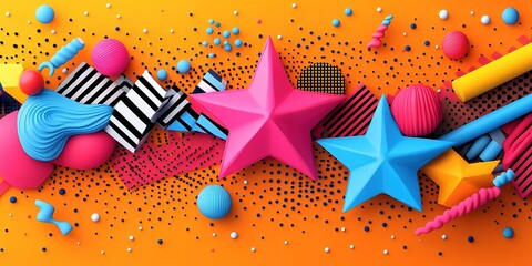 Poster - Colorful abstract composition featuring stars and shapes on a vibrant orange background