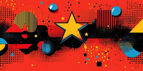Poster - Colorful abstract design featuring geometric shapes and a star on a bold red background with playful elements