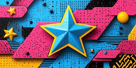 Poster - Colorful geometric star decoration against a vibrant background of bright pink, blue, and yellow patterns