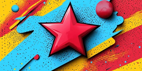 Poster - Colorful abstract design featuring a large red star on a vibrant background with yellow and blue elements