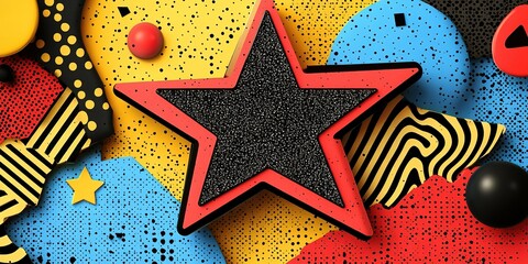 Poster - Bright and colorful abstract shapes with a large red star on a vibrant background full of patterns