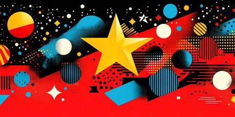 Poster - Colorful geometric design featuring a prominent yellow star amidst vibrant shapes on a bold red and black background
