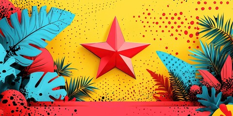 Poster - Bright star design surrounded by colorful tropical leaves and abstract patterns in a vibrant setting