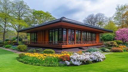 Sticker - Beautiful wooden pavilion surrounded by vibrant flowers in a serene garden setting